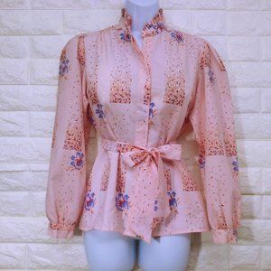 80s Ruffle Collar Bow Blouse Sz-10 Puffy Sleeves